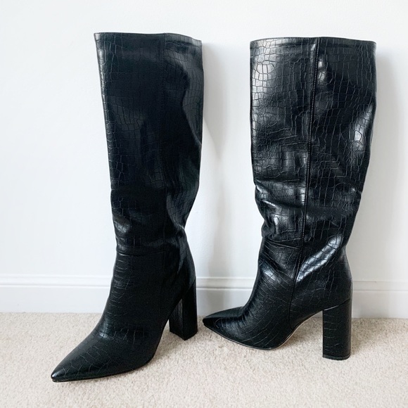 Knee Tall Vegan PU Croc Pointed Boots - Picture 8 of 8